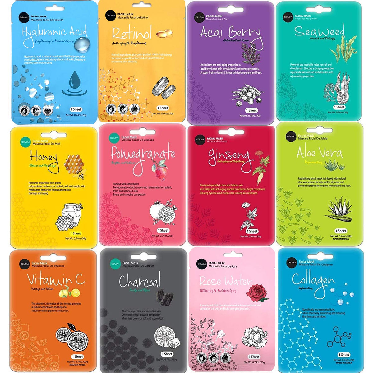Korean Glow Sheet Mask Set — 12-Pack Hydrating Face Masks for Instant Radiance