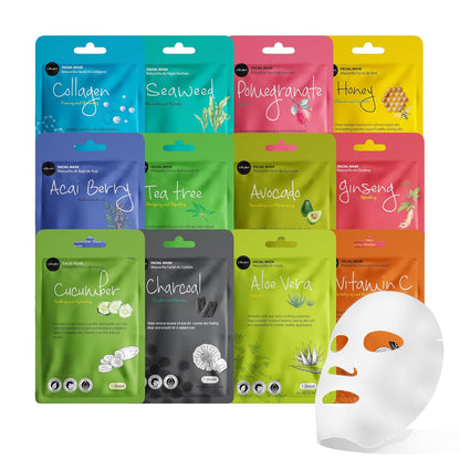 Korean Glow Sheet Mask Set — 12-Pack Hydrating Face Masks for Instant Radiance